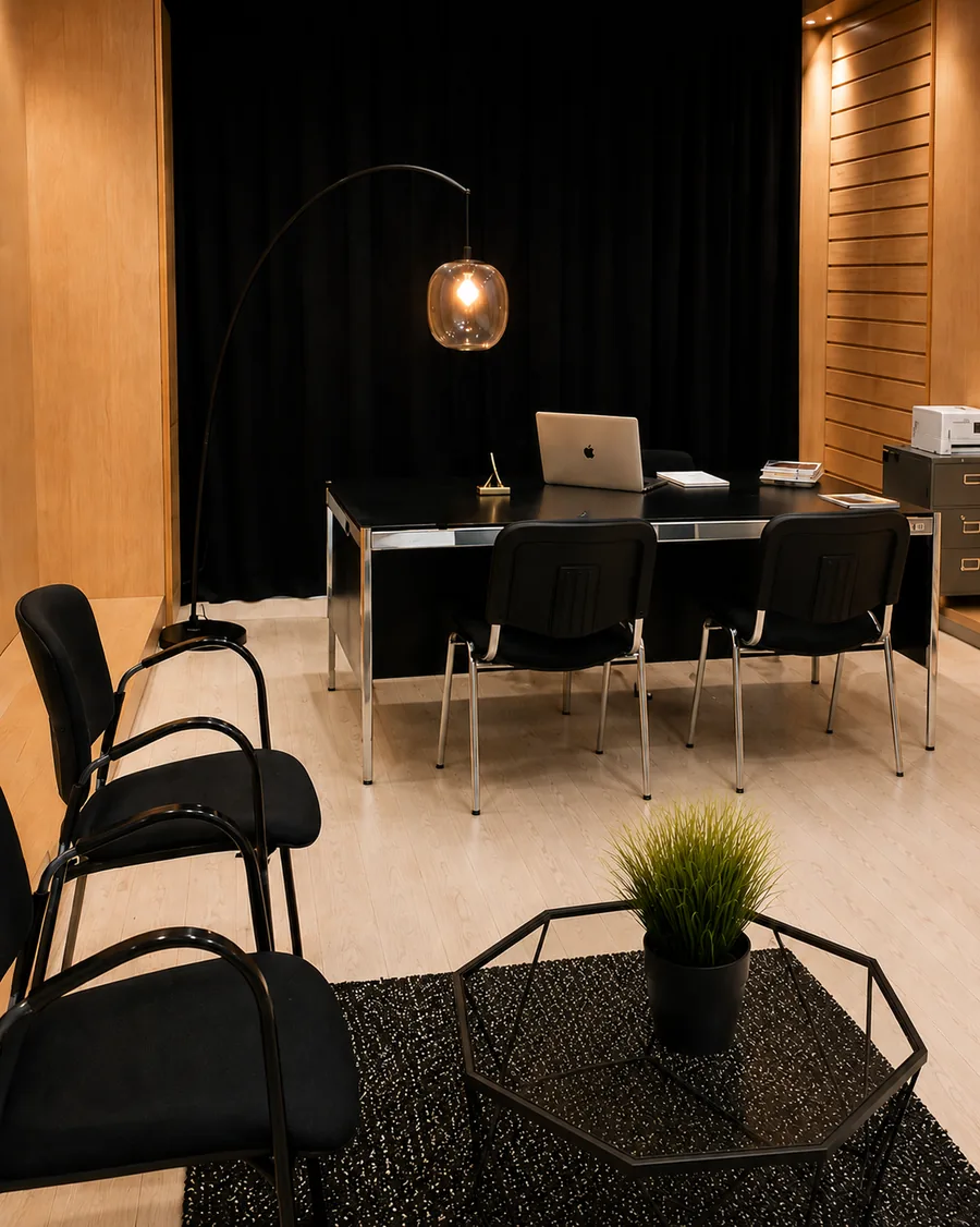 L'espace d'accueil de la boutique : bureau, fauteuils et luminaire