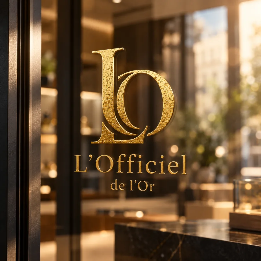 Le logo doré L'Officiel de l'Or sur la vitre de la boutique
