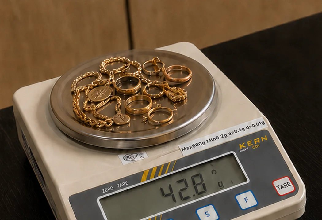 Des bijoux en or pesés sur une balance de précision